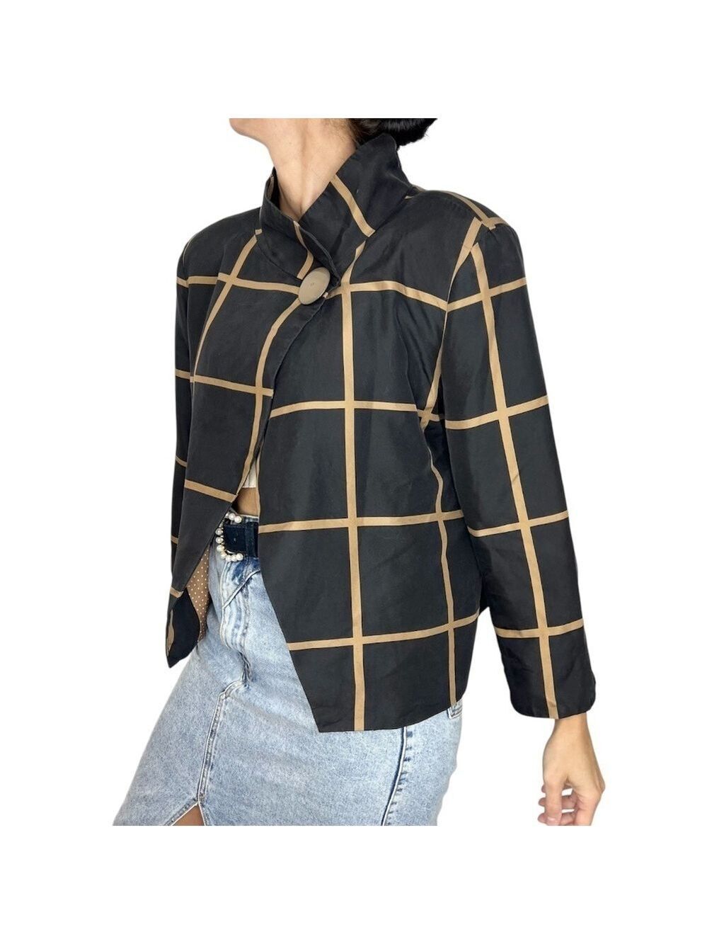 Old money pure silk black tan windowpane mock neck jacket blazer 16